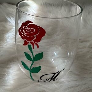 Clear Glass with Red Rose Design & Initial M